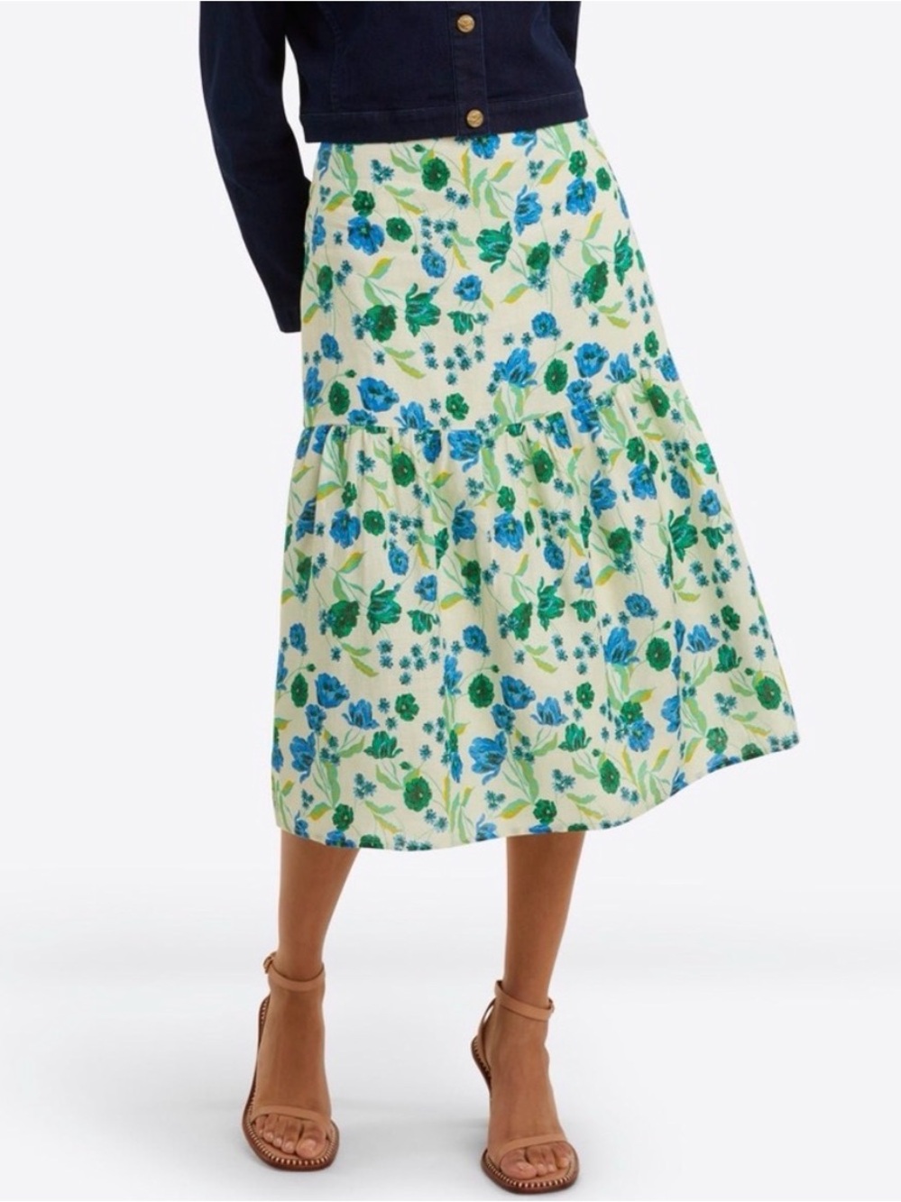 NWT Draper James Blue Green Floral Tiered 100% Linen Midi Skirt Size 10 vacation